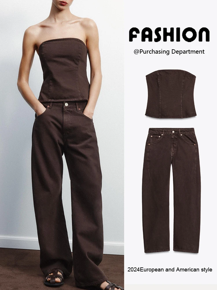 

New Summer Women's Chest Exposure Wrap Sle Top mid Waist Jeans Two Piece Set Long Pants Overhead Faion Ensemble