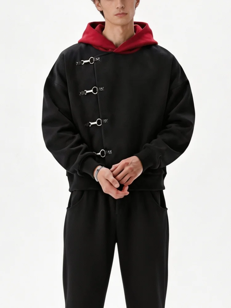 Herbst Winter Damen Goth Streetwear Y2K Ästhetik Kontrast-Kapuze Metallschnallen-Detail Diagonale Vorderseite Übergroßer Kapuzenpullover – Detail 5