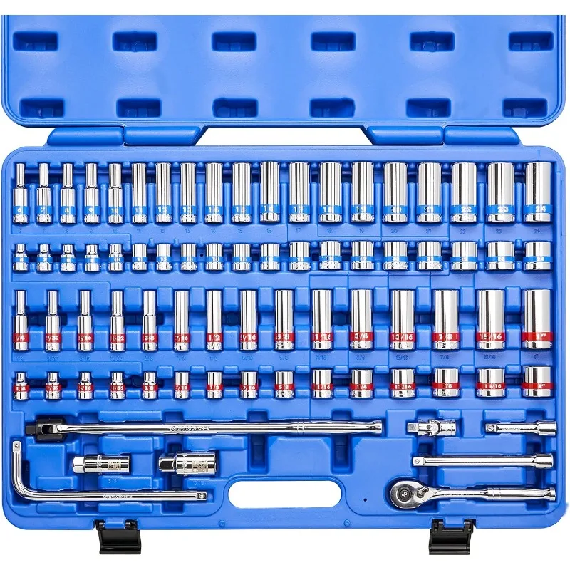 

Neiko 02472A 3/8-Inch-Drive Colored Mechanics Tool Ratchet, Socket Set, 76-Piece Standard and Deep SAE Sizes 1/4" to 1" Metric