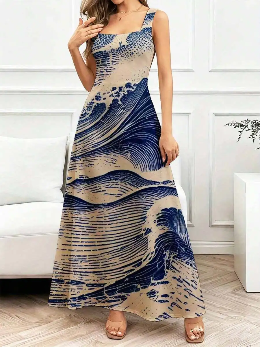 

Square Neck Wave Print Maxi Dress For Women Casual Beach Vacation Outfit
