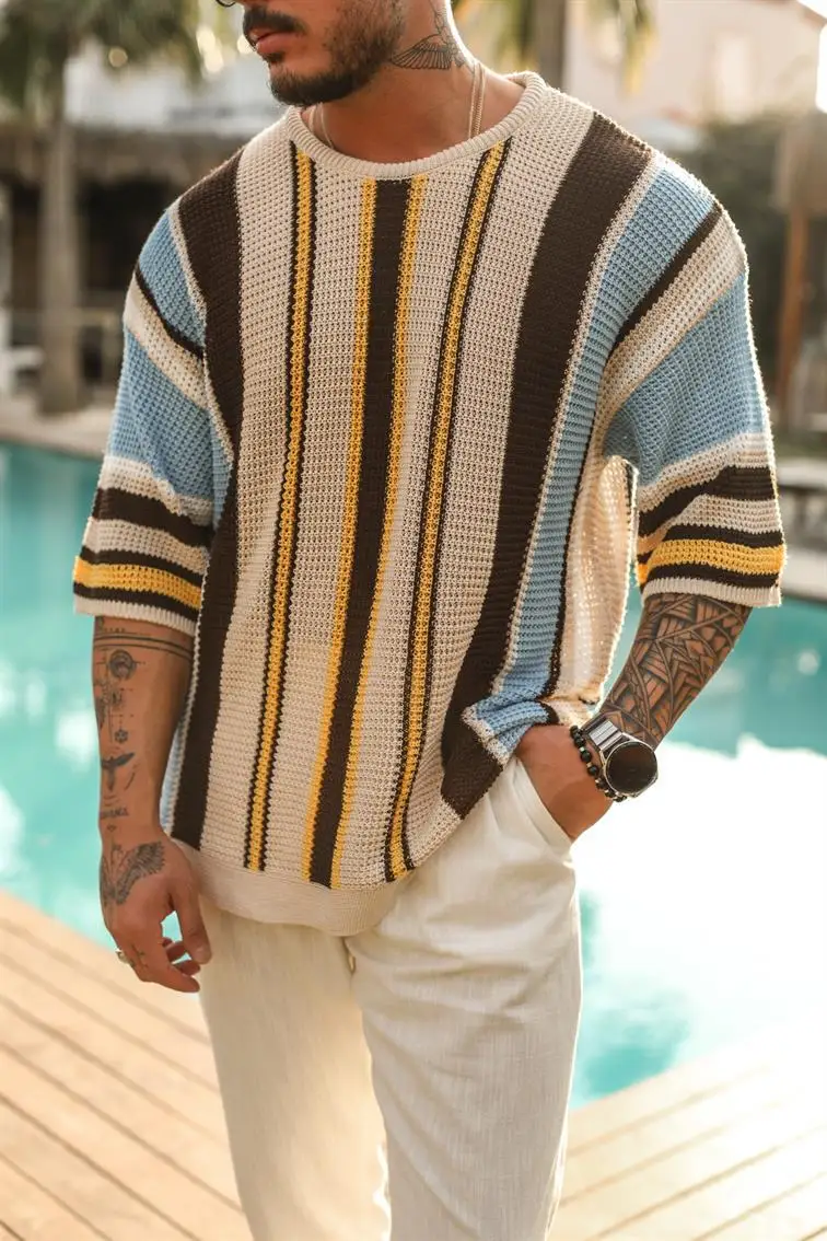 2024 Spring/summer Men Crewneck Fashion Hollowed-out Mid-sleeve Sweater Sweater Europe and America Men's Striped Sweater Summer