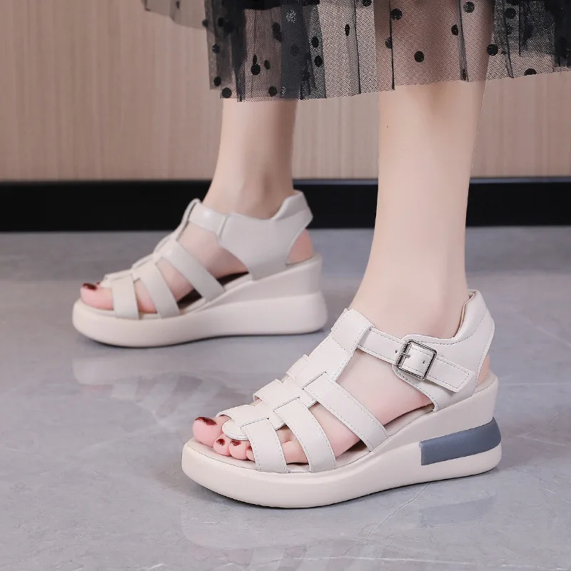 Large Size Hollow Buckle Sandals Womens 2023 Summer New Open Toe Casual Women Shoes Retro Flat Roman Platform Sandals