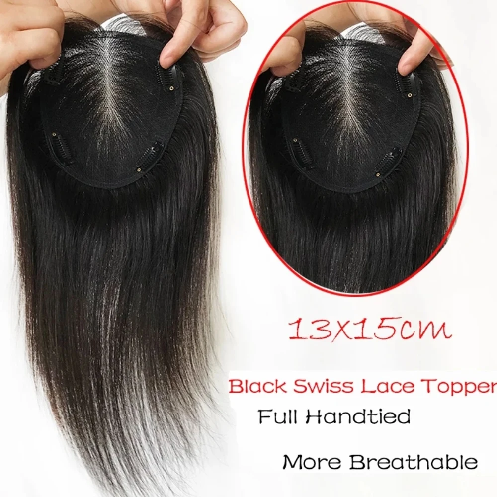 Soft Swiss Lace Base Remy Human Hair Topper Hand Tied Breathable Black Lace Women Toupee with 4 Clip Ins Fine Hairpieces