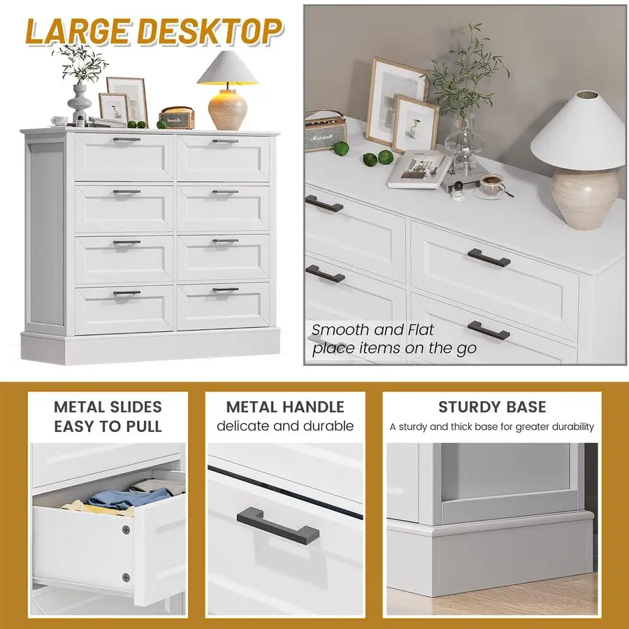 خزانة بيضاء لغرفة النوم، خزانة خشبية مع 8 أدراج، خزانة ذات أدراج لغرفة النوم وغرفة المعيشة ومدخل المدخل، المزرعة الحديثة