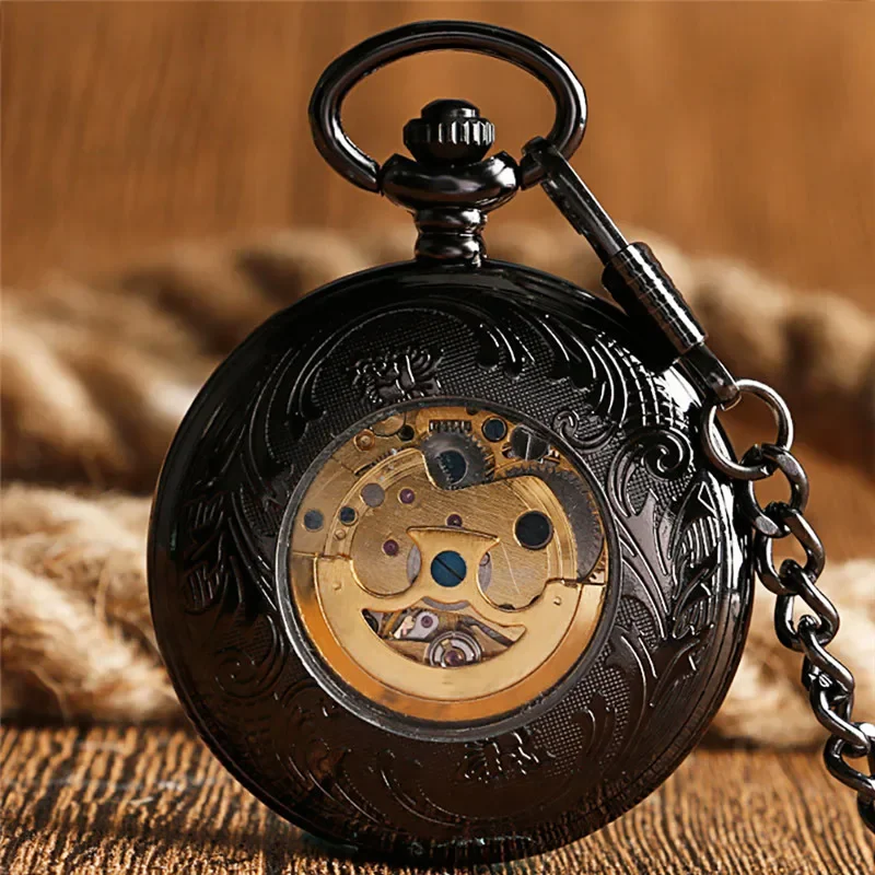 Reloj de bolsillo Steampunk negro, caja lisa, relojes mecánicos automáticos de medio cazador con manecillas luminosas, colgante, cadena de esqueleto