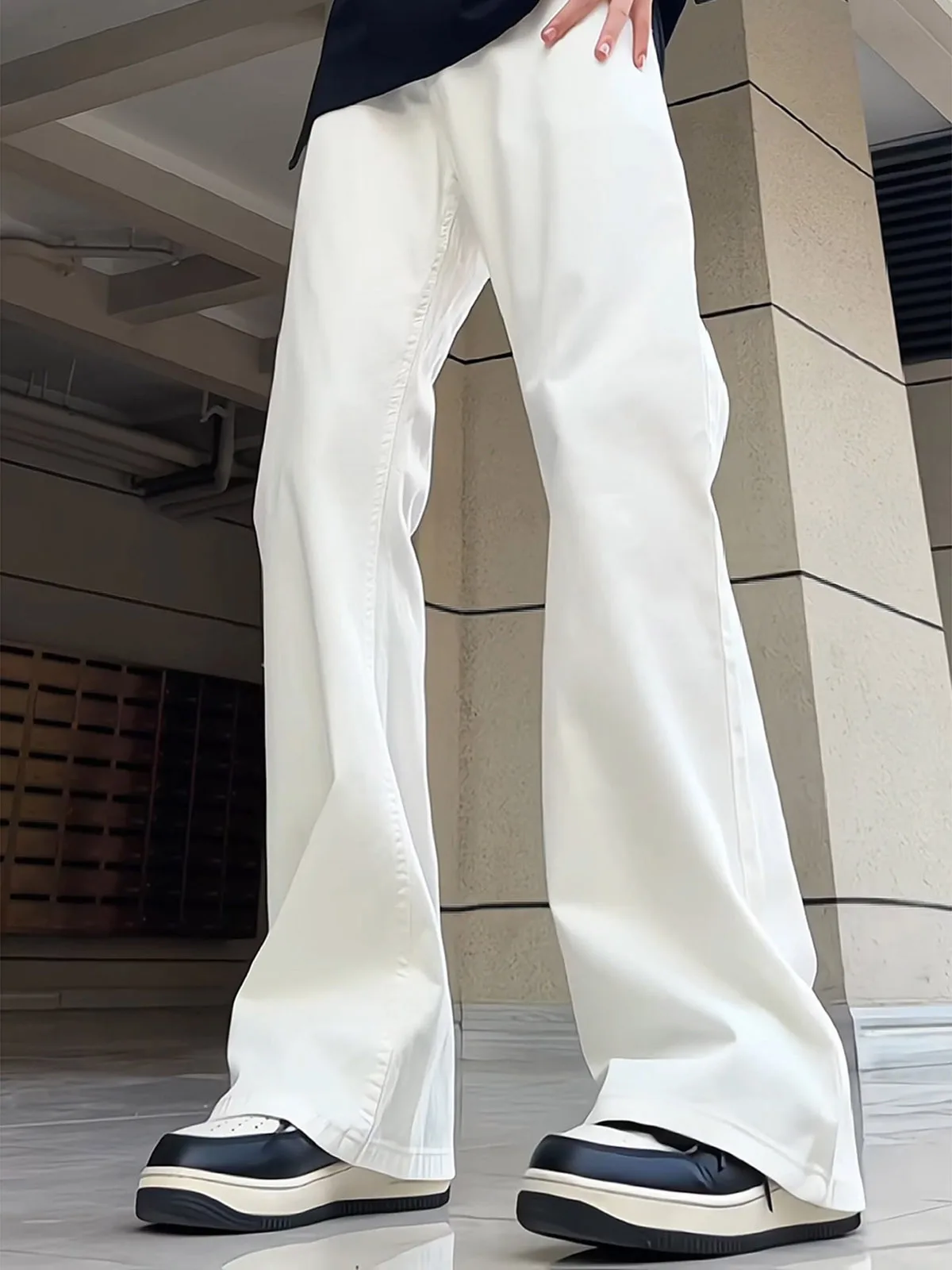 

White Waed Distred Jeans Men's Loose CleanFit American High Waist Drapey Straight Leg Workwear Trousers