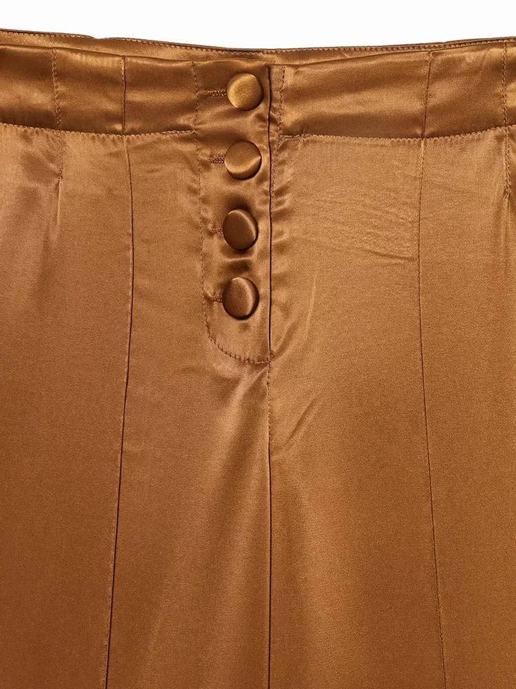 المرأة الجديدة الصيف زر ارتداء بلون عارضة أنيقة مطوي الديكور مع الساتان السراويل واسعة الساق #3