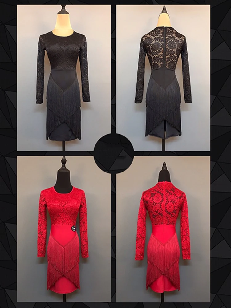 فستان الرقص اللاتيني للنساء السالسا سامبا تشا تشا أزياء رقص كم طويل فساتين الدانتيل الأسود ملابس الأداء اللاتينية 1987