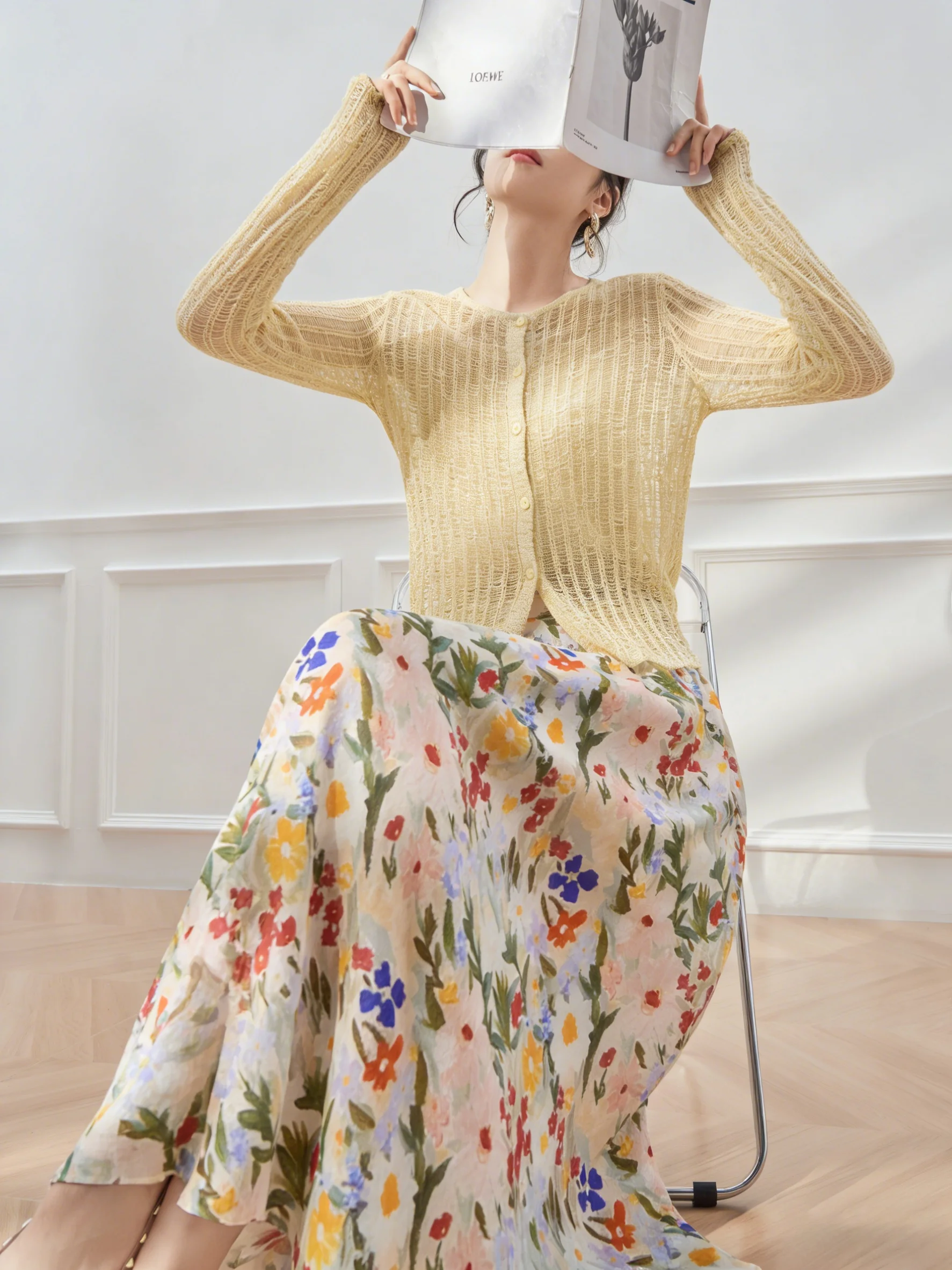 

Желтый тонкий вязаный топ с цветочным принтом и юбка: комплект из двух предметов, женский модный весенний наряд, с высокой талией, свободный крой, повседневная одежда