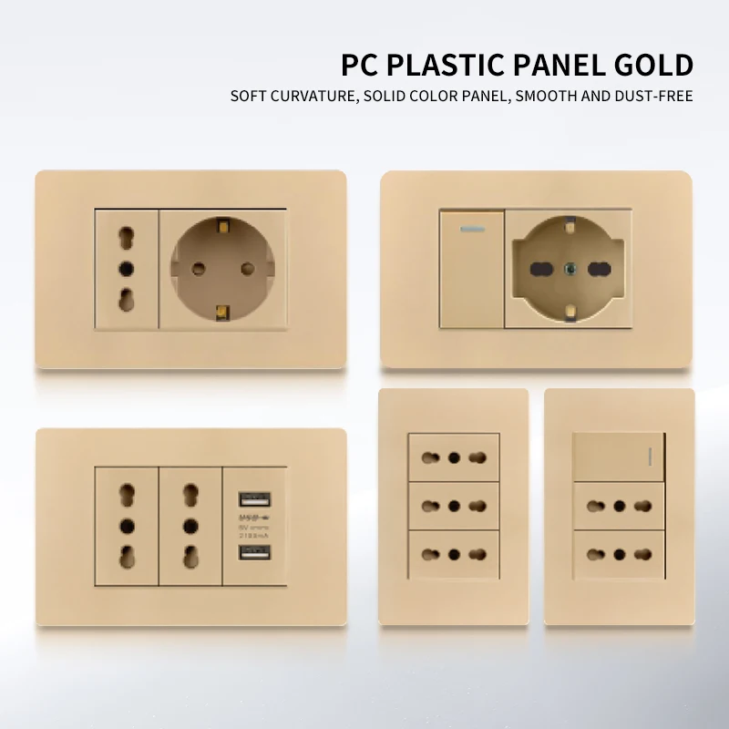 

plastic panel light switch intelligent dual USB wall plug Eu plug enchufes Golden Italian Chilean switch Type-C fast charging 20