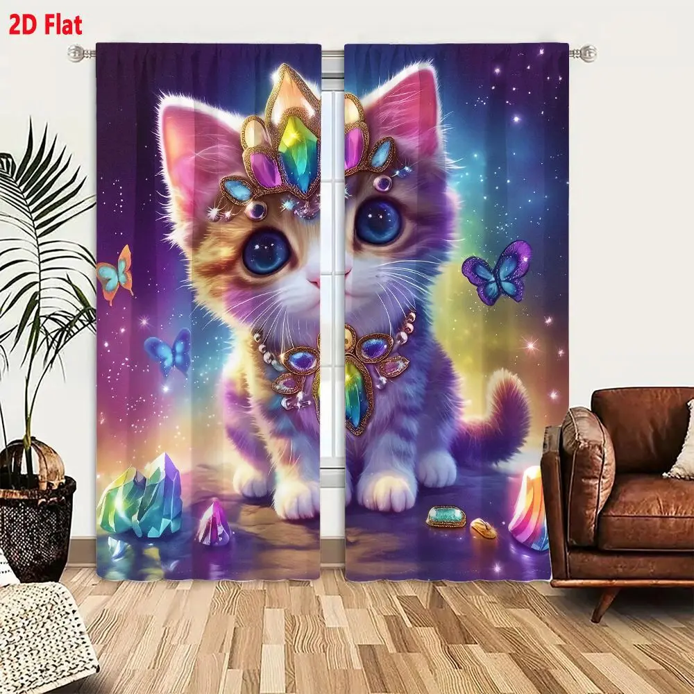 2D Flat - 2pcs Crystal Cat Curtains Fantasy Kitten Print Blackout Drape Living Room Bedroom Window Treatment Home Decor