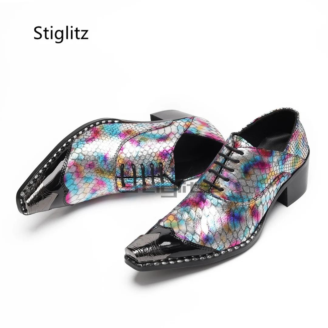 

Мужские модельные туфли в стиле пэчворк со змеиным узором, оксфорды из натуральной кожи с металлическим острым носком на шнуровке, свадебные формальные туфли на высоком каблуке