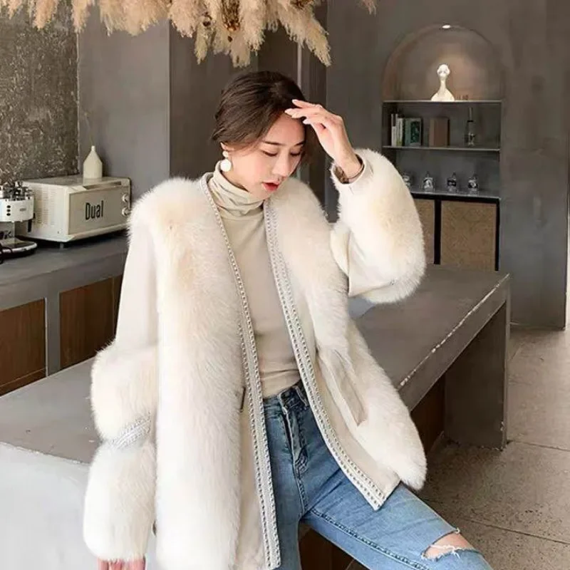 Fur Coat Women Korean Autumn and Winter Fashion New Denim Patchwork Imitation Fox Fur Grass Coat for Women Keep Warm