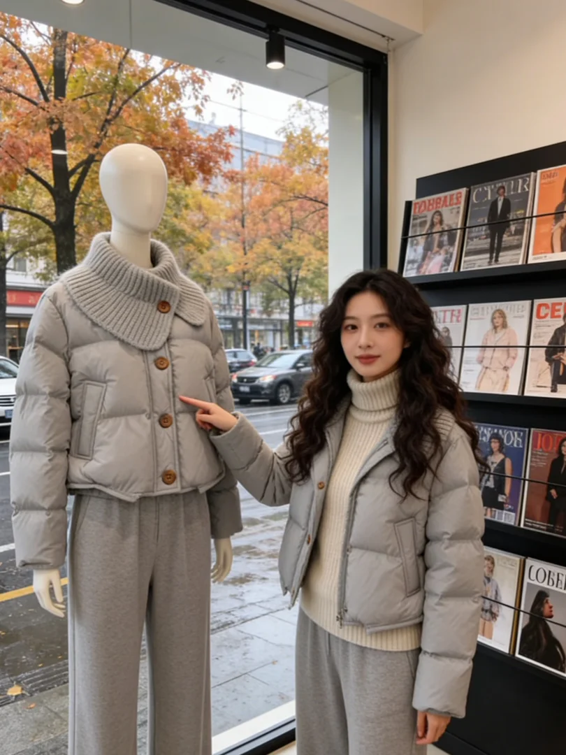 

Sli ey ort Cotton Jaet Thi Warm Winter Coat Korean Sle Small Size Commute Friendly Pure Color Button up Coat