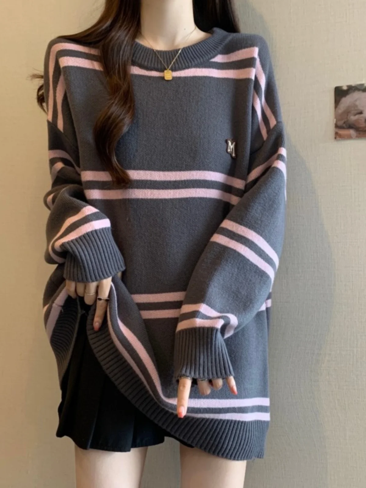 

Женский вязаный свитер больших размеров с круглым вырезом, в полоску, осенне-зимний, свободный, средней длины, топ-боди