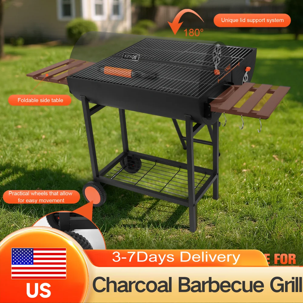 871 Sq In Extra Large Charcoal BBQ Grill Smoker Outdoor Barrel Grill with Foldable Side Tables Bottom Shelf for Patio Camping