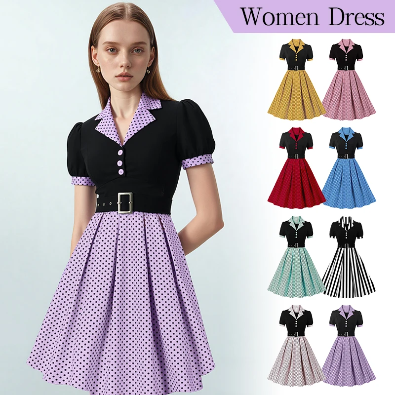 

Women Vintage Polka Dots Dress With Belt Summer Elegant V-Neck Rockabilly Work Cocktail Tea Party 1950s 40s Swing Dress