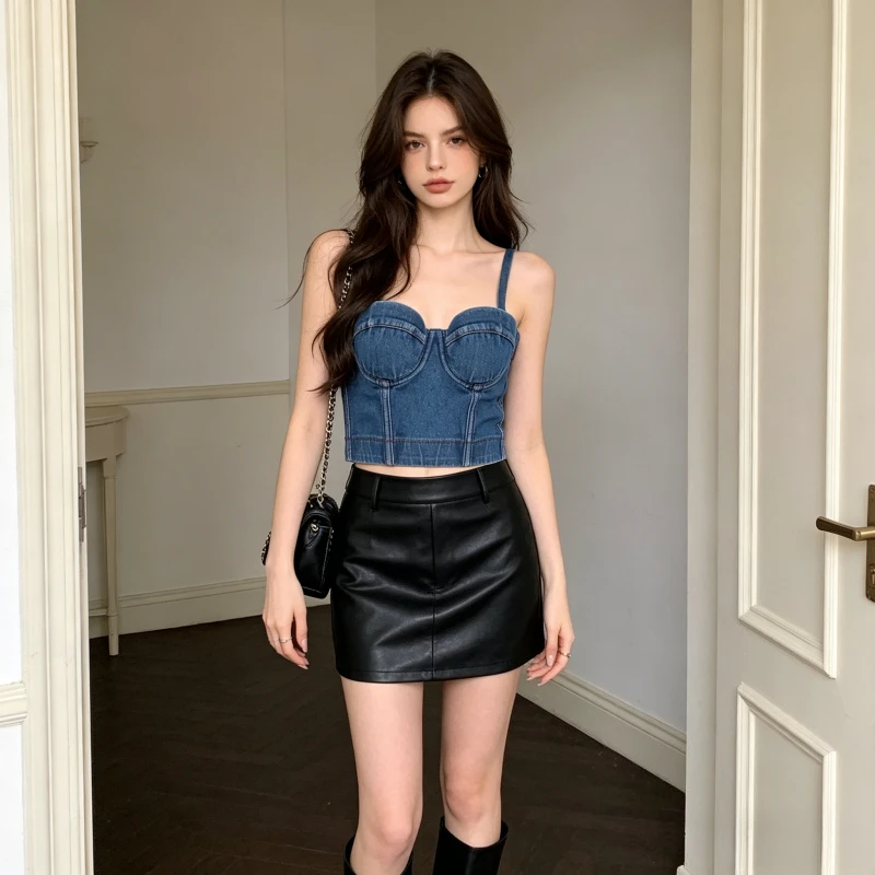 

Denim Camisole Sexy Crop Top Women Tanks Summer Fishbone Cami Backless Bustier Sleeveless Tops Club Y2K Vest Streetwear 2026