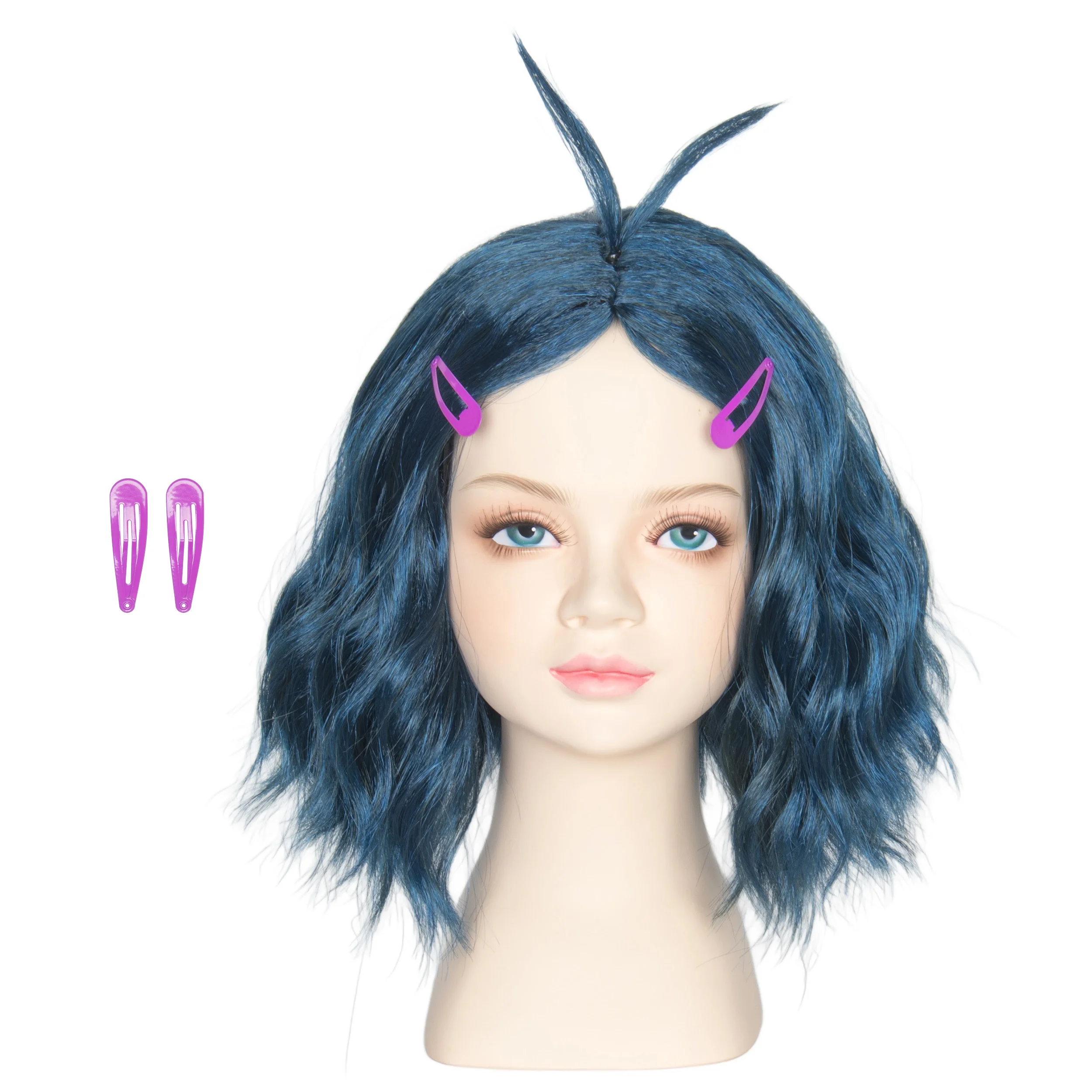 Miss U Hair  Center Part Kids Child Wig Short Wavy Deep Blue Wig with Hairpins  Fun Emotion Anime Cosplay Wig