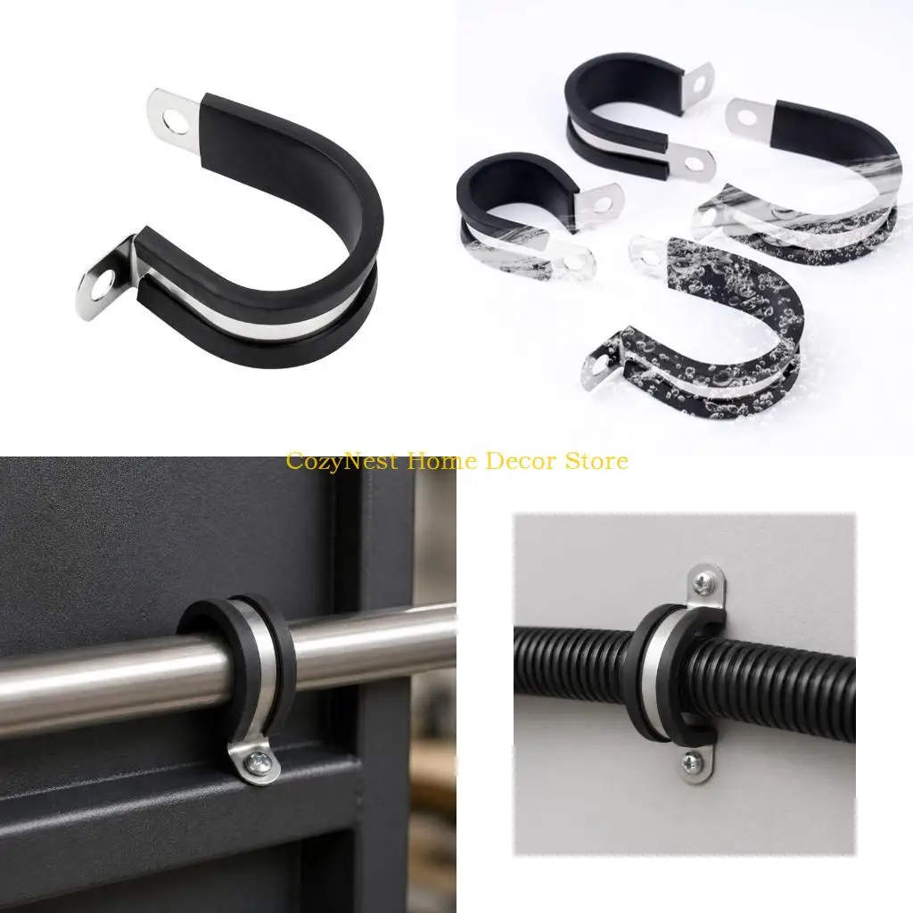92MF 5/10pcs Rubber Lined Pipe Clamp 304 Metal R Shaped Mount Band with Single Mounting Hole for Plumbing Routing and Pipe