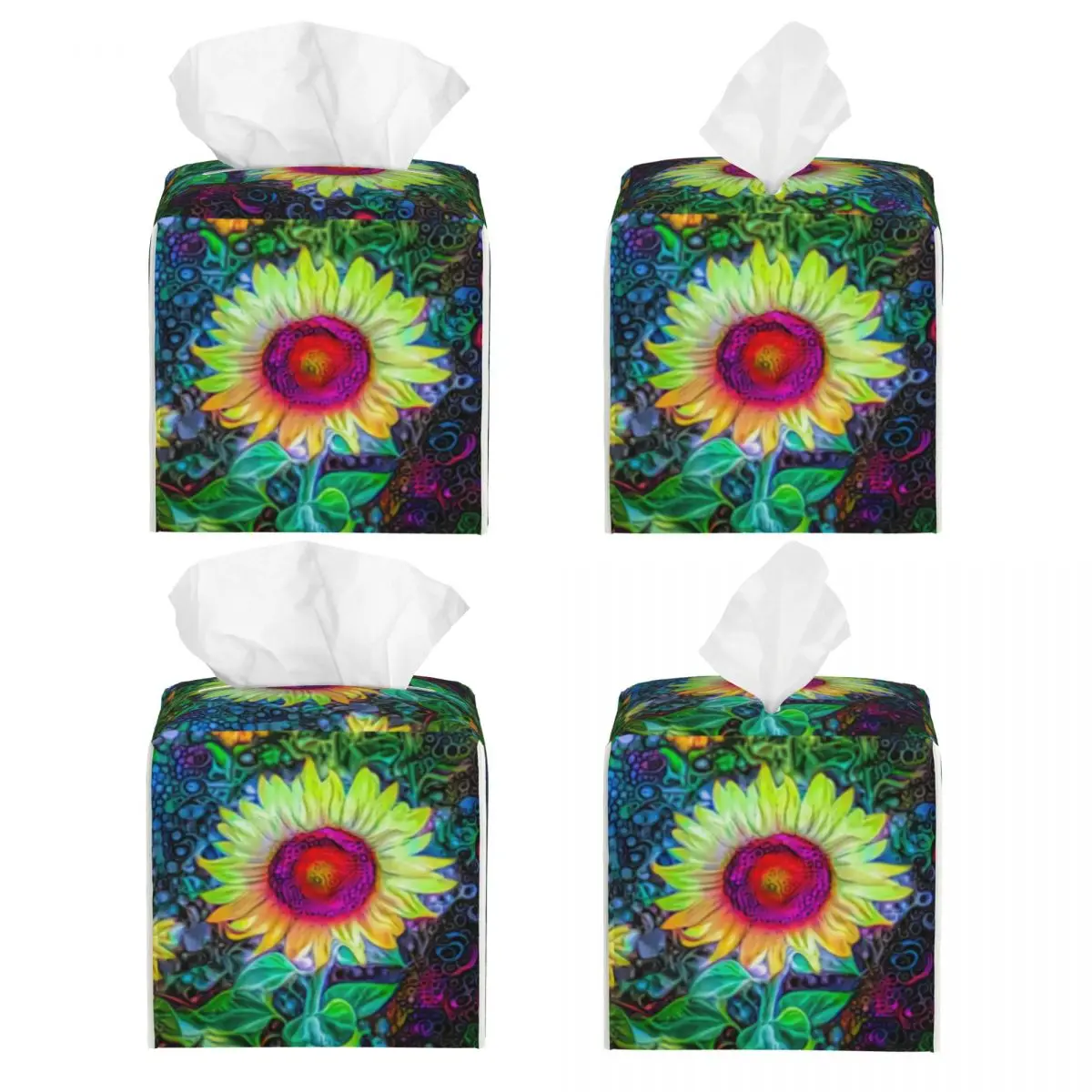 Custom Colorful Sunflowers Tissue Box Cover Square PU Leather Floral Flower Facial Tissues Holder for Car