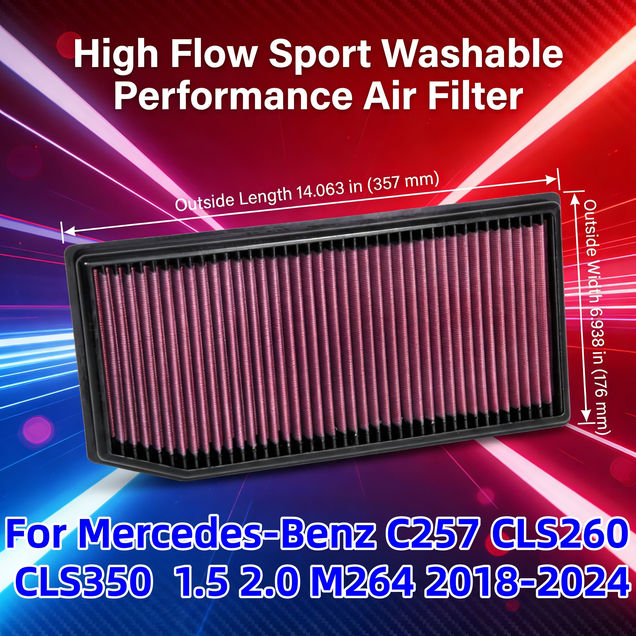 For Mercedes-Benz C257 CLS260 CLS350 1.5 2.0 M264 2018-2024 High Flow Sport Washable Performance Panel Air Filter Replacement
