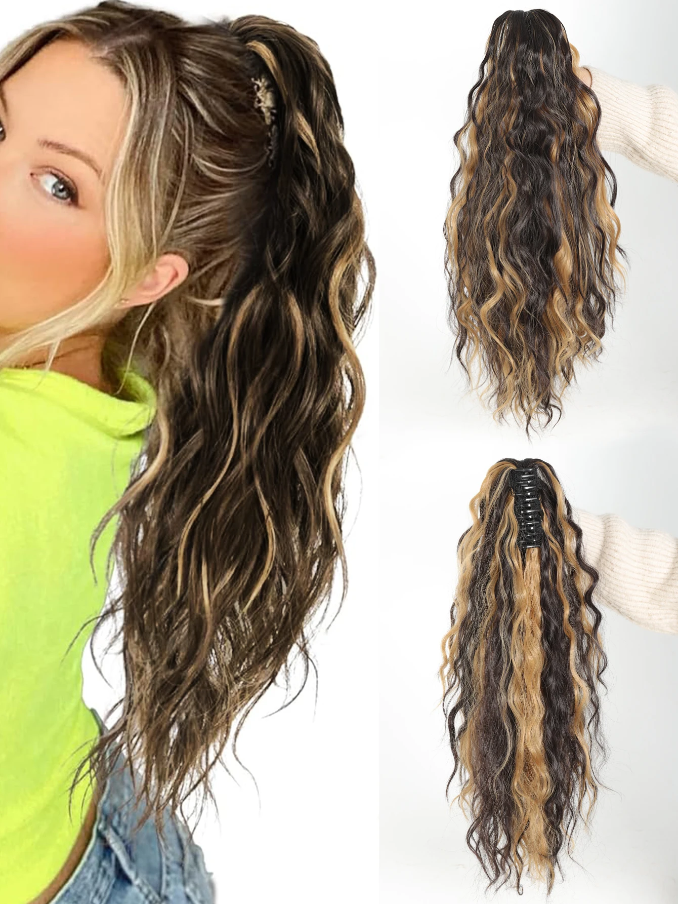 Synthetic Ponytail Extension 18Inch Grab and clip Ponytail Curly Wavy Ponytail Natural Wavy Hairpiece for Women Daily Use party