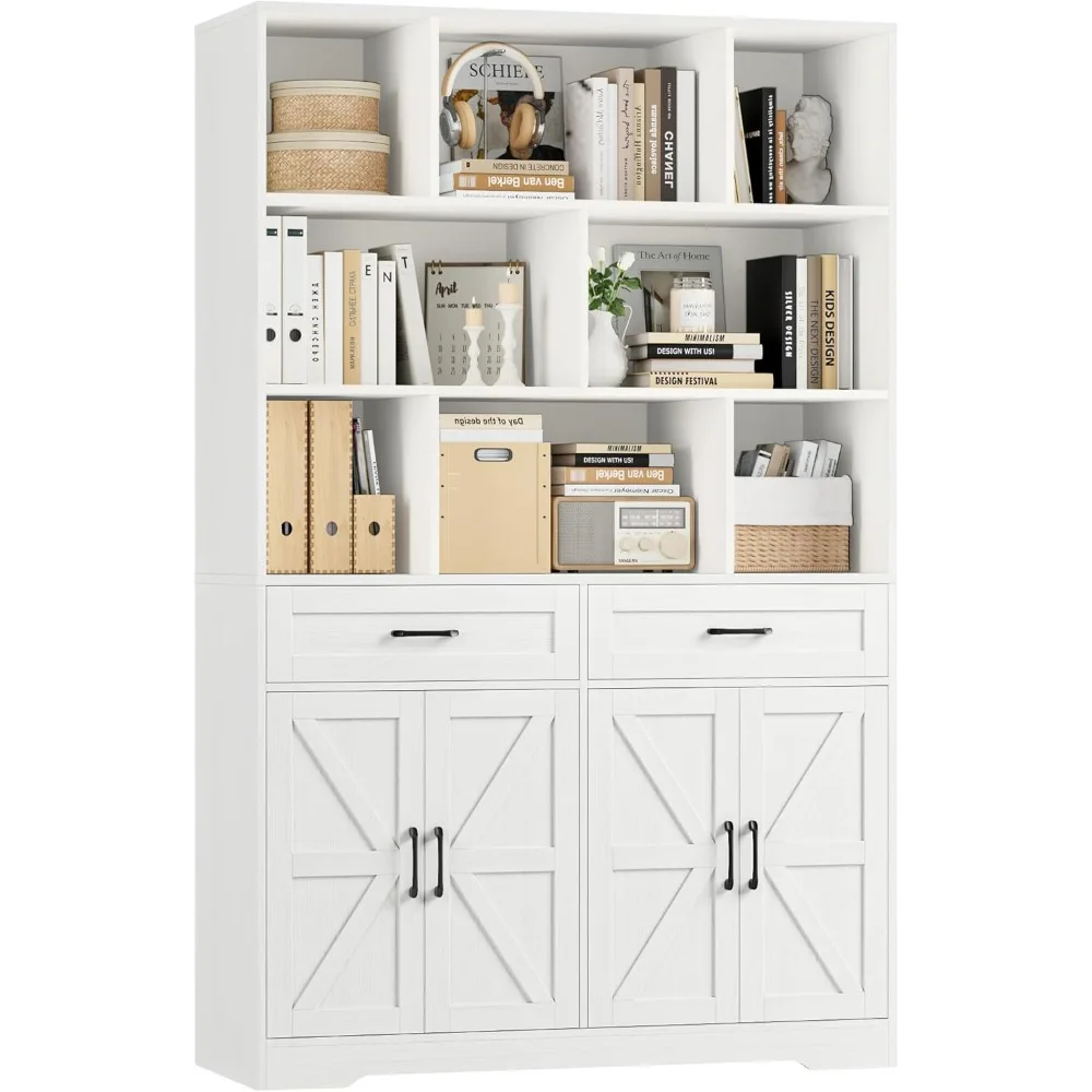 71" Tall Bookcase with Drawers and Doors, 47" Wide Book Shelf and Bookcase with Storage, 6 Tier Large Book Storage Cabinet with