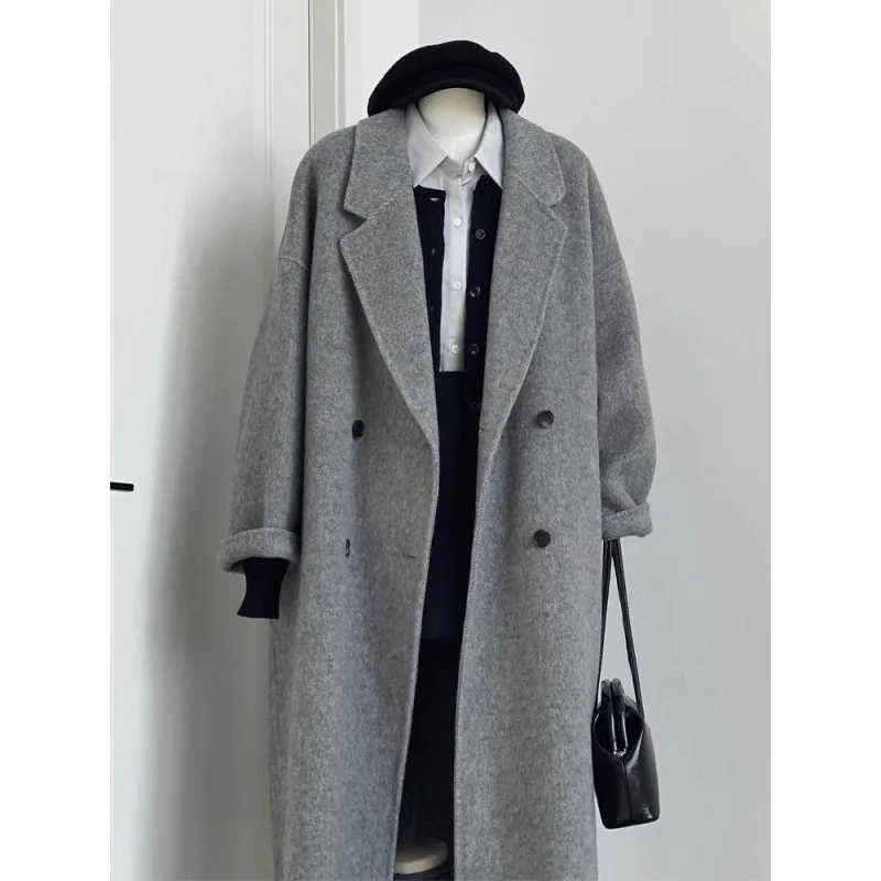 Damen Wollmantel, zweireihig, Basic, locker geschnitten, Retro, neu, lang, doppelseitig, Damen-Überziehmantel, Herbst-Winter, Damenmantel – Detail 3