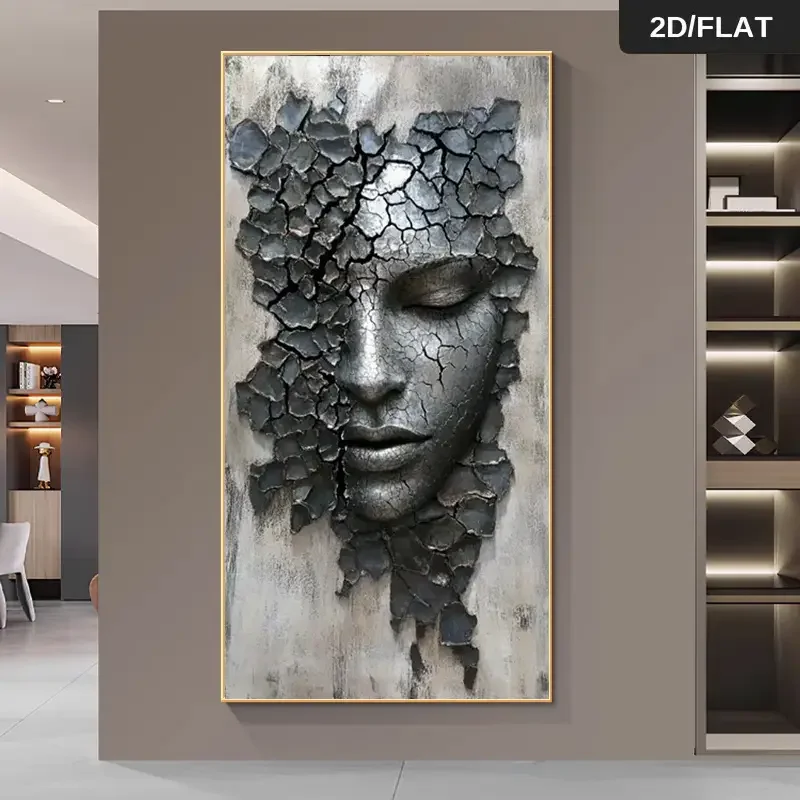 Frameless modern abstract black female face texture print canvas wall art, modern crackle design for living room & bedroom decor