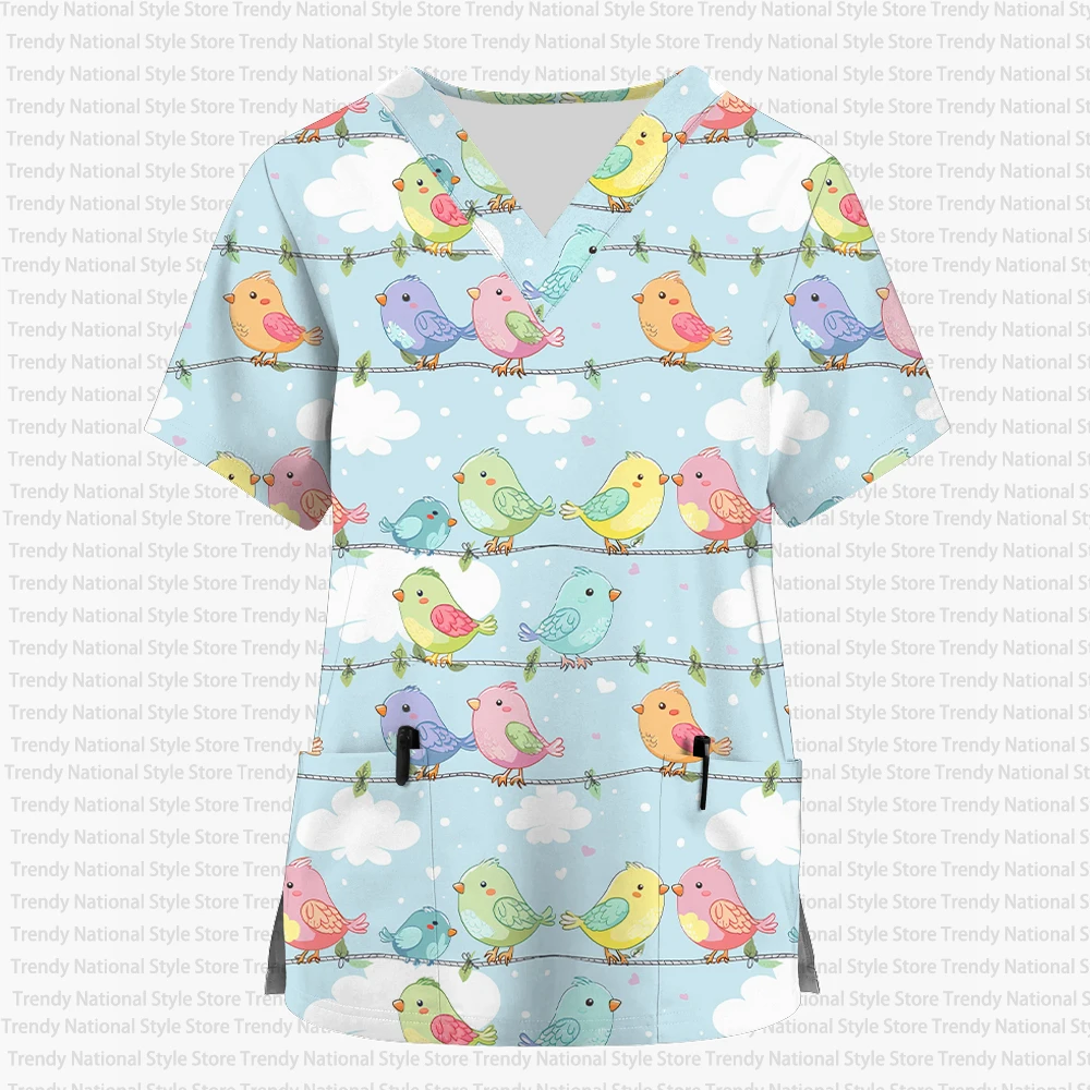 Women's Cartoon Animal Print Work Uniform Nurse Uniform Top V-neck Short Sleeve Medical Work Uniform Top with Pockets - view 6
