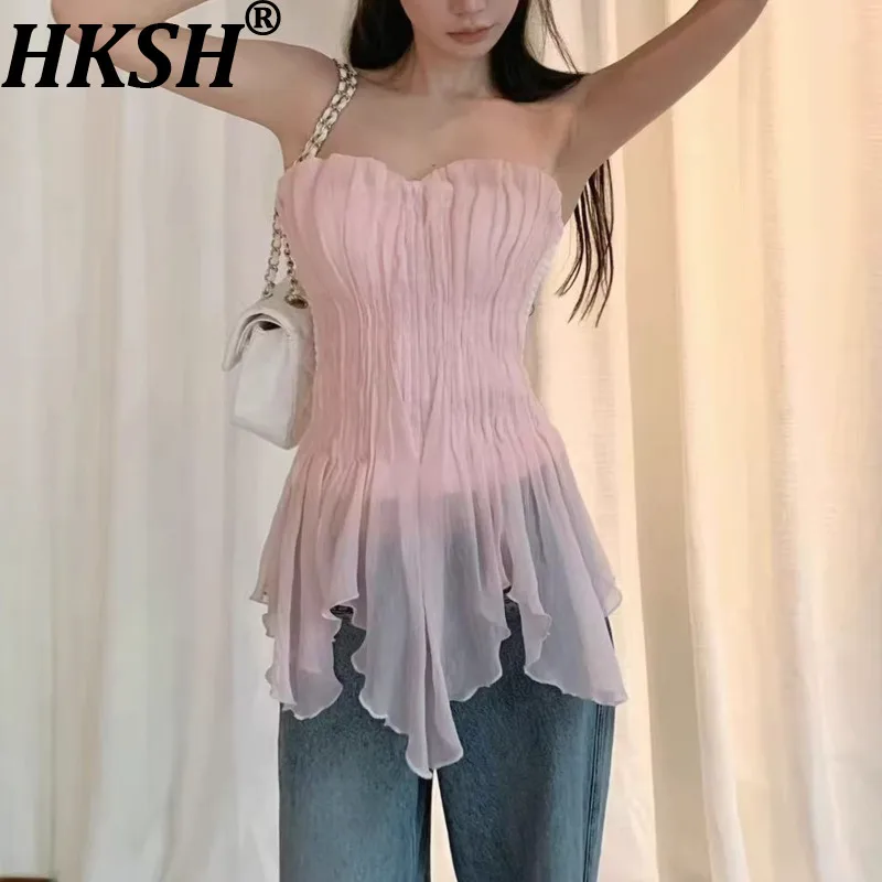 

HKSH Women Sexy Vest Strapless Sleeveless Waist Cinching Slim Fit Pleated Irregular Ruffled Hem Sweet Versatile Tank Top HK23255
