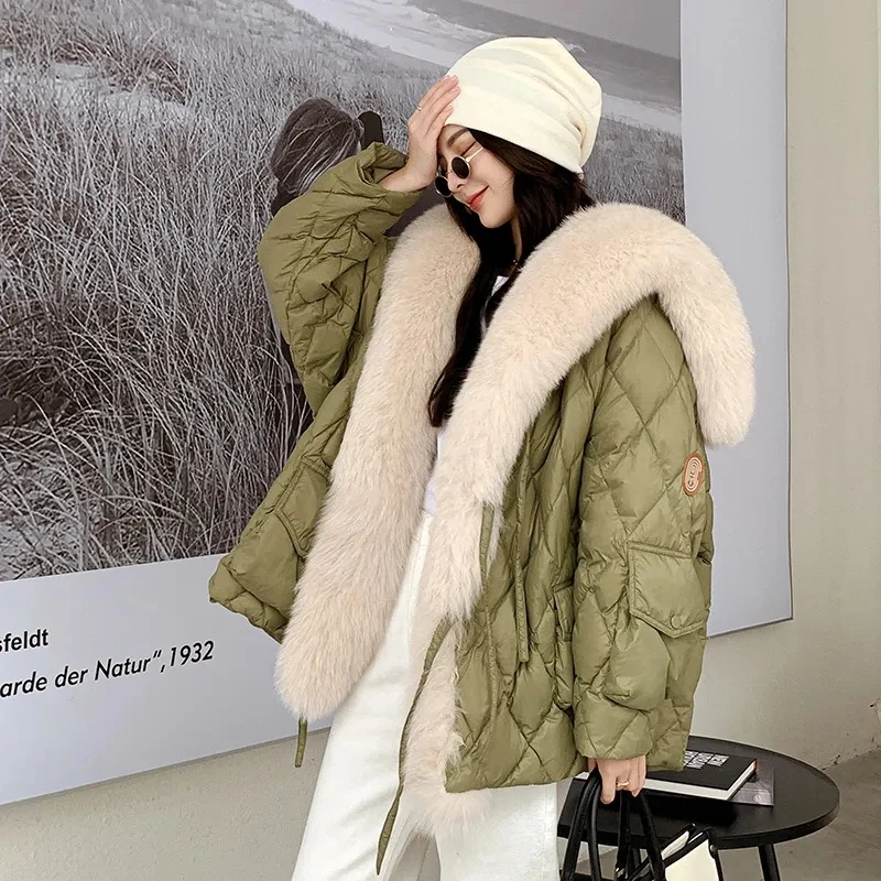 2023 Winter New Faux Fox Fur Down Cotton-Padded Jacket Women\'s Overcoat Loose Detachable Navy Collar Warm Pike Female Fur Coat