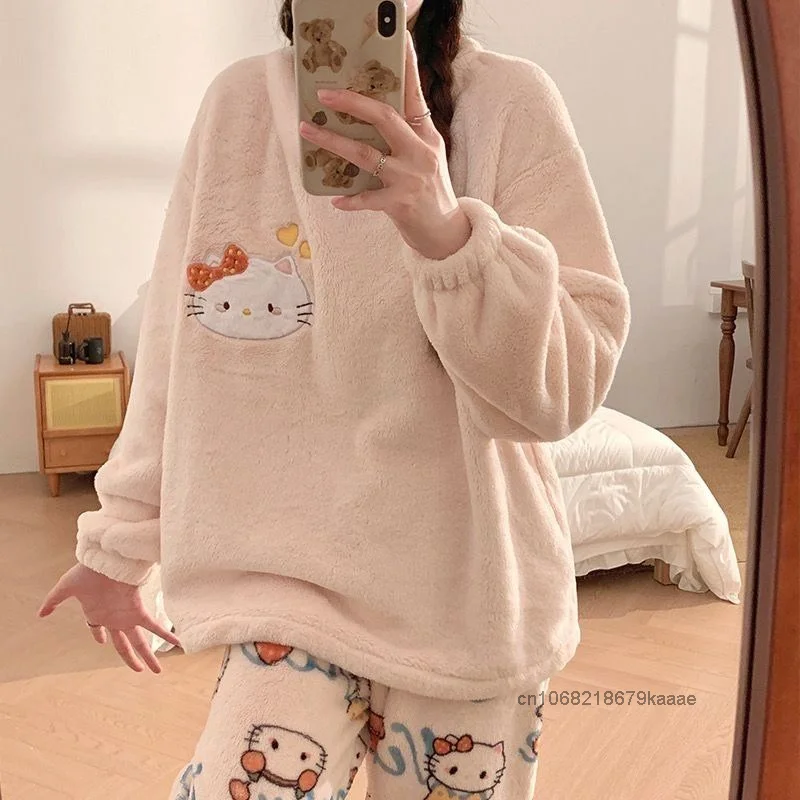 Sanrio Hello Kitty Autumn Winter New Pajama Thick Coral Velvet Cute Home Clothes 2 Piece Set Sweet Y2k Girl Casual Warm Pajamas