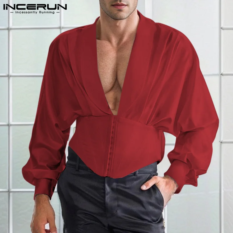 INCERUN Handsome Men\'s Tops Deconstruction Waistband Design Shirts Casual Male Hot Sale Solid All-match Long Sleeved Blouse 2024