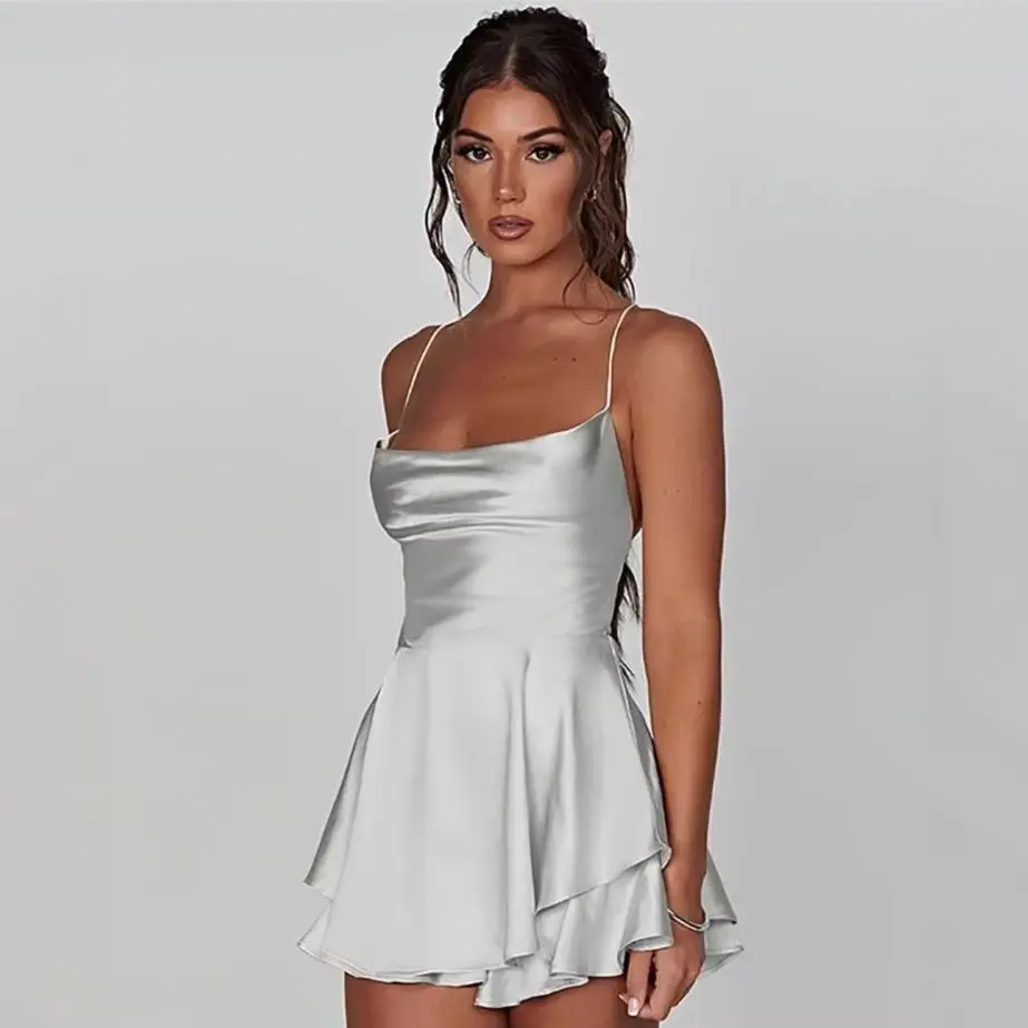Satin Pleated Suspender Dress Summer Women's New Sexy Backless Drawstring Tube Top Solid Color Sleeveless Frock Ropa Mujer