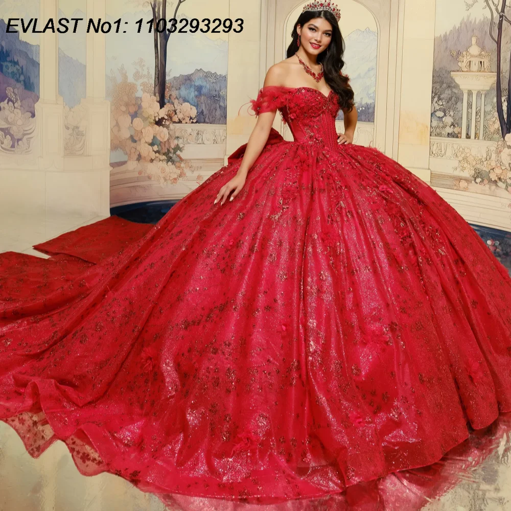 

EVLAST Customized Dark Pink Ball Gown Quinceanera Dress Shiny Lace Applique Beading Bow Sweet 16 Vestidos De 15 Anos E1QN255