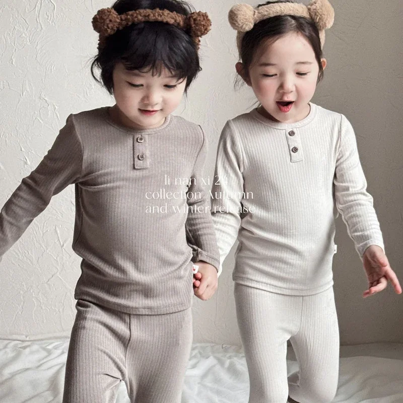 

2024Long Sleeves Two-Piece Set Children Solid Color Comfort Pajamas Kids Round Neck Top Pants Boy Outfit Girl Home Sleep Clothes