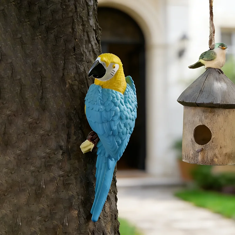 Simulated Blue Parrot Tree Hanging Statue Ornament Creative Bird Sculpture Outdoor Courtyard Garden Climbing Tropical Birds Gift image 2