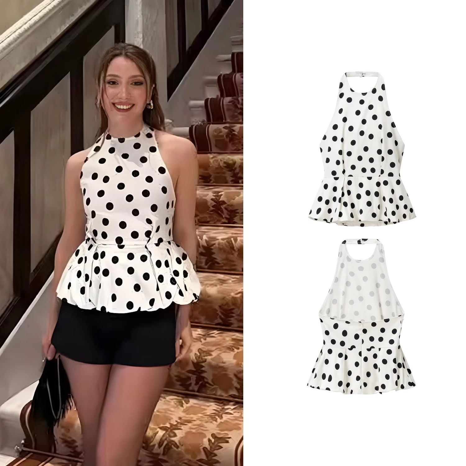 Tops sexys y elegantes con estampado de lunares para mujer, novedad de verano, tops con cuello halter y volantes sin espalda, tops de moda Y2K para mujer, tops de playa para vacaciones