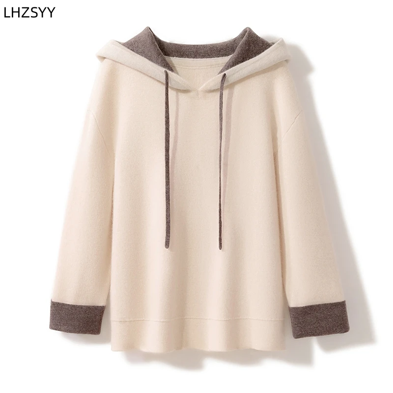 LHZSYY 100% Pure Cashmere Hooded Sweater Winter New Ladies\' Knit Pullover High-end Large size Jacket Color Matching Thick Hoodie