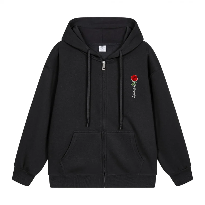 

Men's Zip-Up Hoodie Red Rose On Black Hoodie 2025 New Style Casual Couples’ Style Couples’ Style