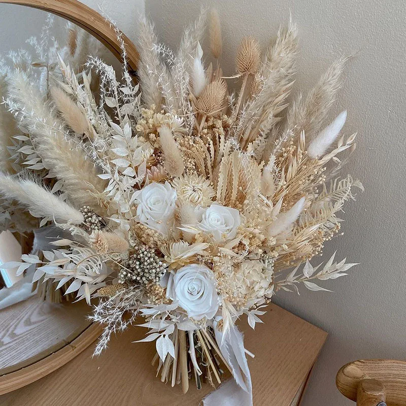 Natural Pampas Grass Dried Flowers Bridal Bouquets Artificial Rose Handmade Romantic Bride Bridesmaid Bouquet Baby Shower Decor