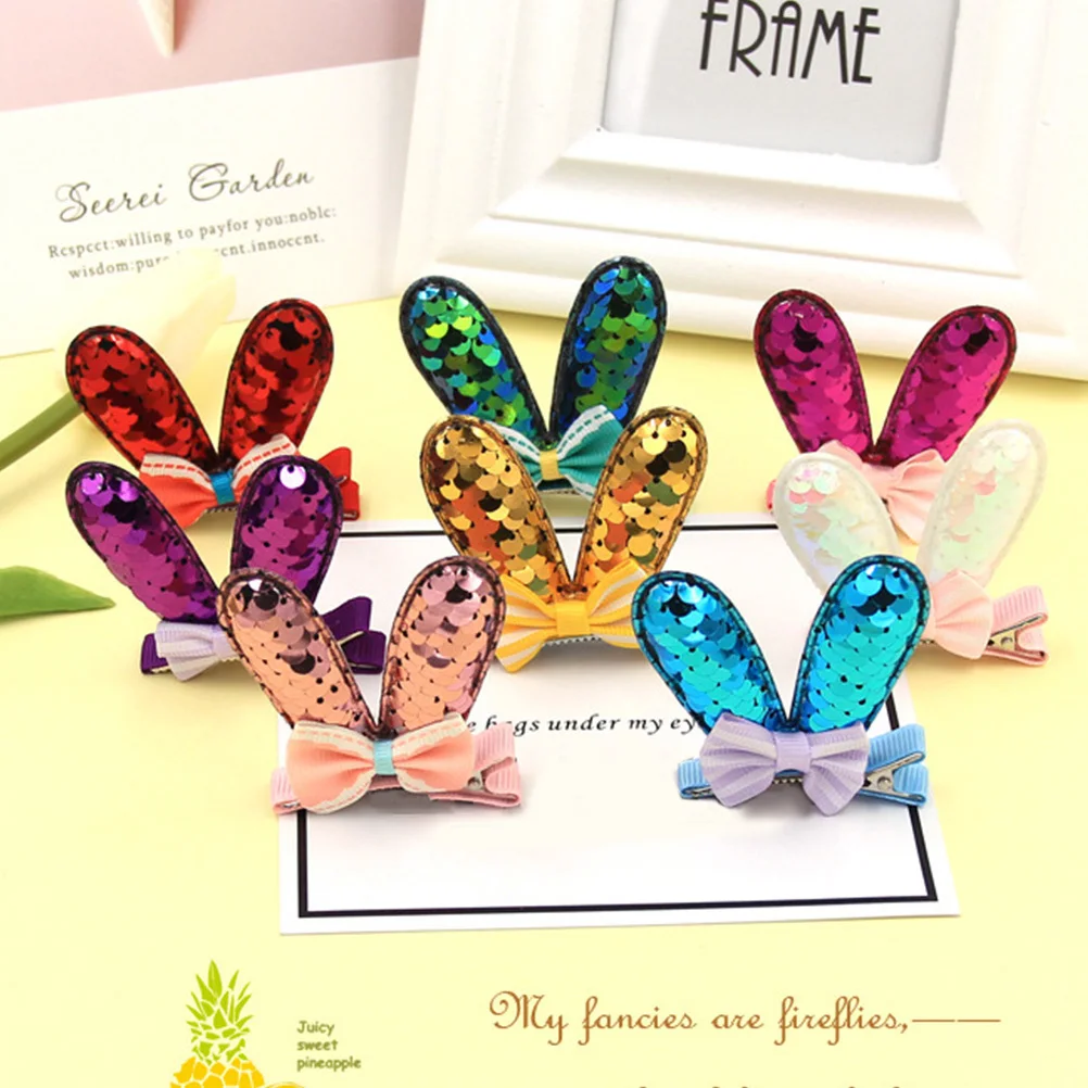 

8Pcs Bunny Ears Bow Hair Clips Fish Scale Sequins Barrettes Stylish Party Wedding Daily Wear Decor Barrettes