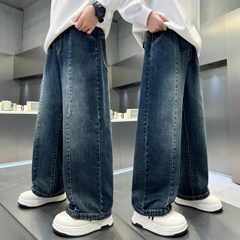 Elegant Kids New Designer Straight Leg Regular Fit Jeans Trousers For Teen Boys Spring Autumn Style Retro Blue Denim Pants 5-14T