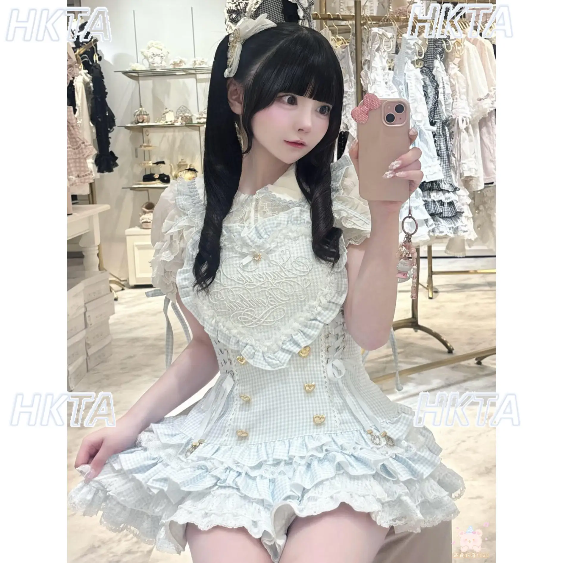 Japanese Mass Produced Plaid Love Sets Lace Letter Bow Strap Slim Cake Square Neck Bubble Short Sleeve Lolita Dress Shorts Women
