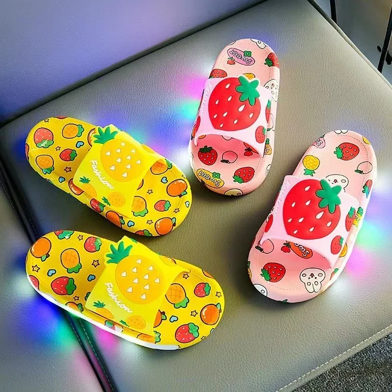 Summer Children LED Light Slippers Baby Boy Girl Cartoon Spiderman Print Kids Indoor Non-slip Soft Infant Beach Shoes Size 24-35