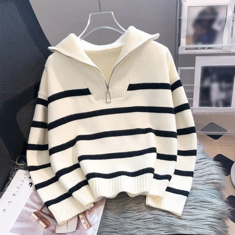 Sweater Pullover Women Spring and Autumn Underwear Zipper Stripe  Short Style Premium Sweater for Female