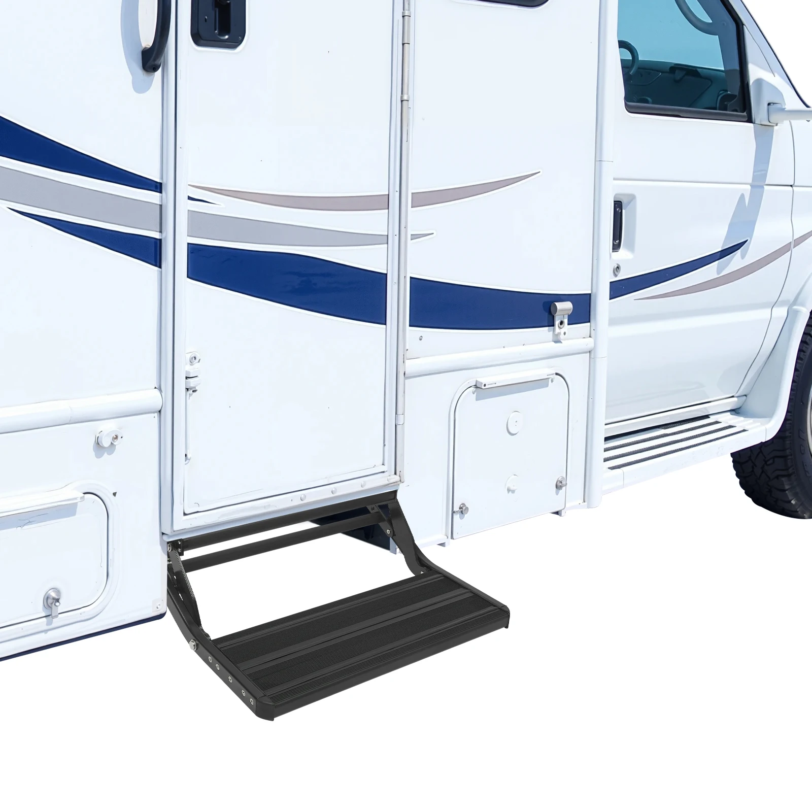 

550*210MM RV STEP, FOLDING MANUAL DROP DOWN STEP, SINGLE-LEVEL CARAVAN/TRAILER STEP LOAD-BEARING CAPACITY 200KG，BLACK