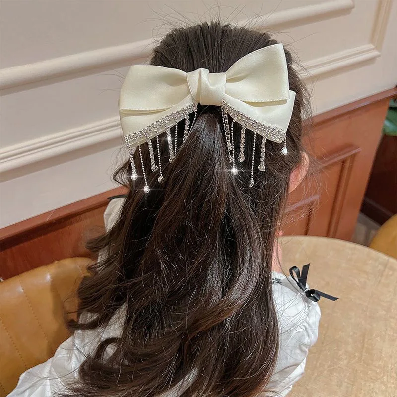 2025 duża kokarda Bling Rhinestone frędzle klips do włosów satynowe spinki do włosów Barrettes klips do kucyka elegancka błyszcząca podwójna kokardka szpilka do włosów Heawear